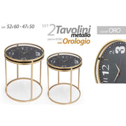 Set von zwei Tischen Lounge Golden Metall und Uhr Glasboden