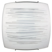 2x27 Deckenlicht mit Chrom- und Glashaken, dekorierte weiße Platte.