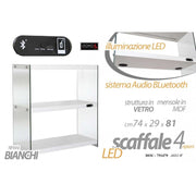 Scaffale in vetro e mdf a led con bluetooth bianco cm 74 x 29 x 81 h