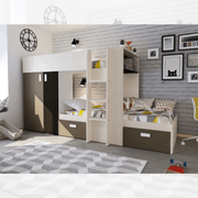 Etagenbett 1371 Vintage White, Beige und Braun mit Kleiderschrank- und Effez -Schubladen