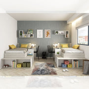 6040 Schlafzimmer mit Einzelbett und weißem Schreibtisch und weiß