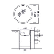 Durchmesser -in Edelstahl -Spülbecken. 43,5 cm