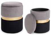 Set von zwei modernen Pouf -Öffnungsfähigen grauen schwarzen Gold