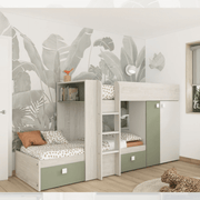 Etagenbett 1268 Vintage und grün weiß mit Kleiderschrank und Effez -Schubladen