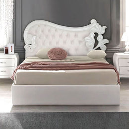 Doppelbett in geschnitztem Holz mit gefüllten Stoffbrett in Eco -leder 185x204xh.160 cm