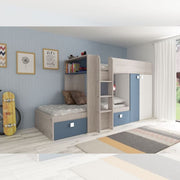 1260 Schlafzimmer mit Etagenbett mit zwei Schubladenstruppen und Vintage White -Blue Garderobe